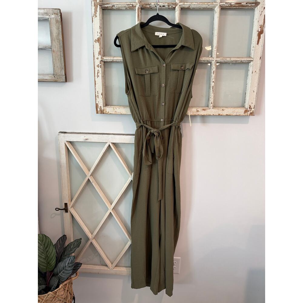 Sleeveless Button-Front Utility Jumpsuit in Olive
